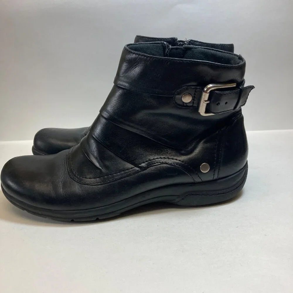 Clarks Christine Club Ankle Black Leather Boots Womens 9.5M Buckle Side Zipper - Picture 2 of 10
